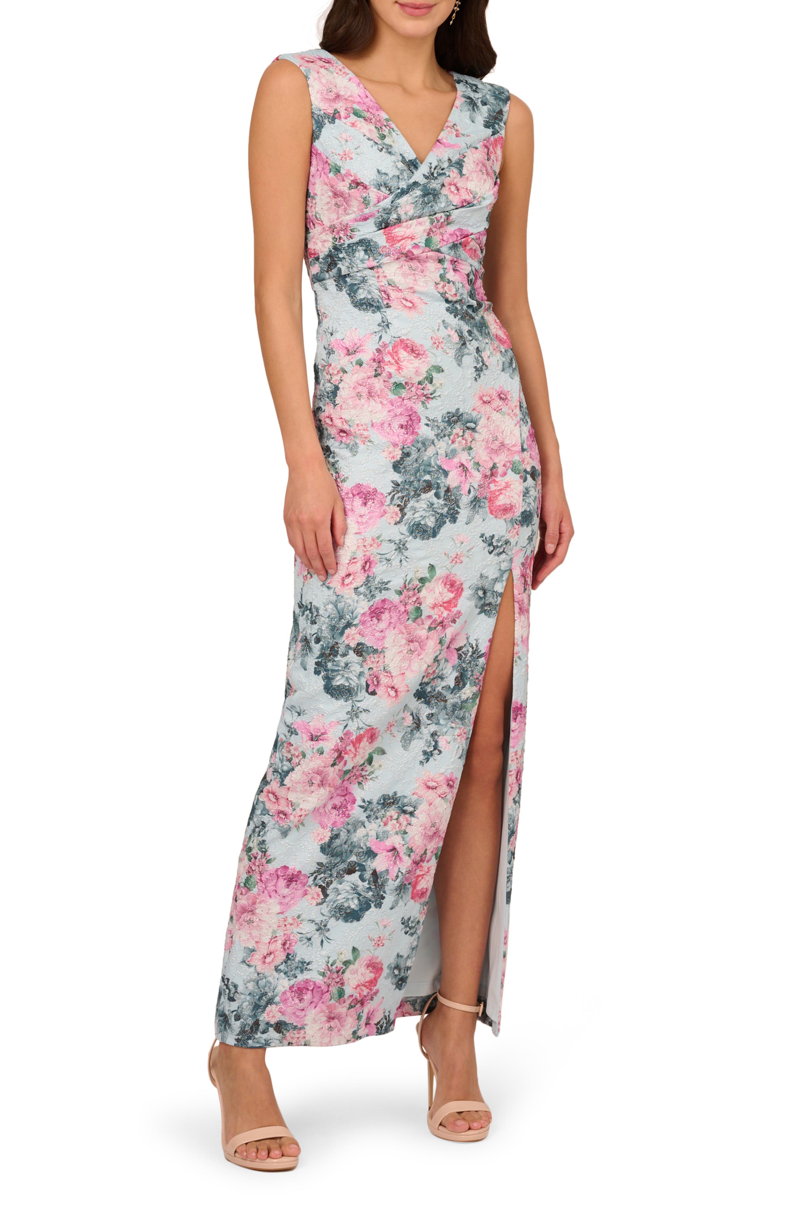 Adrianna Papell Floral Jacquard Metallic Sleeveless Gown in Blue