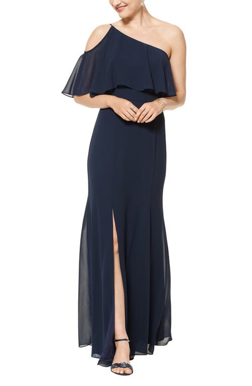 #Levkoff One-Shoulder Chiffon A-Line Gown in Navy