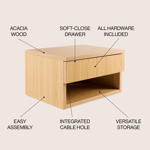 Jonathan Y Ettore Mid-century Modern Floating Wall Mounted Nightstand With Soft-close Drawer And Cab In Light Oak