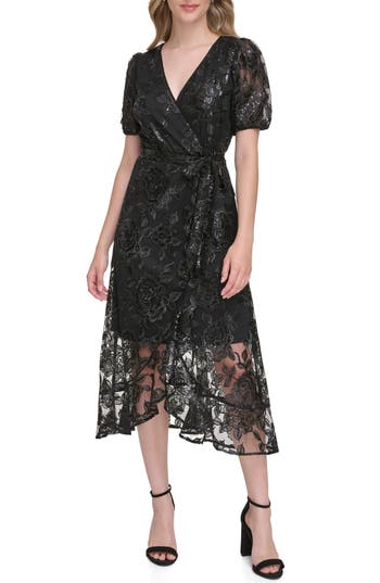 Kensie Sequin Embroidered Mesh Dress In Black