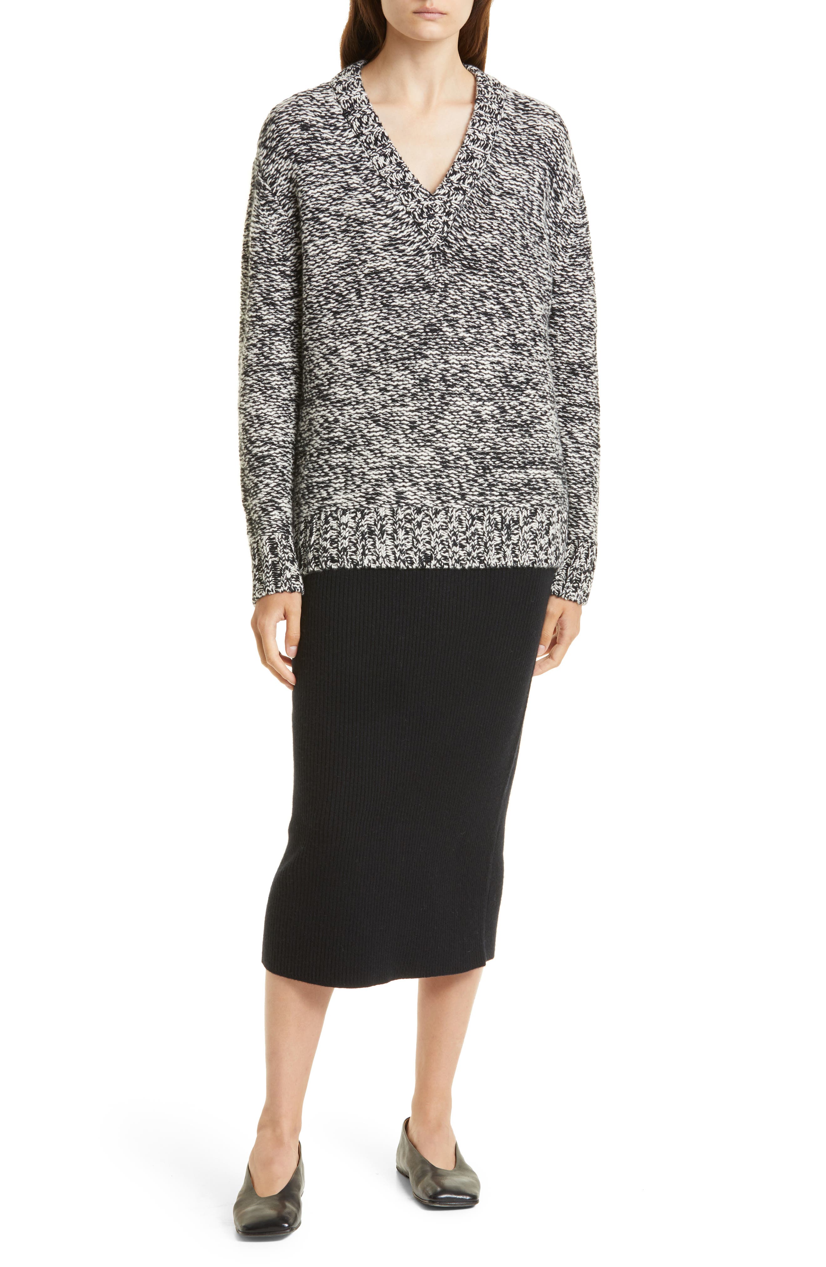 Nordstrom Signature Marled Cashmere Sweater in Black- Ivory Cloud Marl at Nordstrom, Size Large