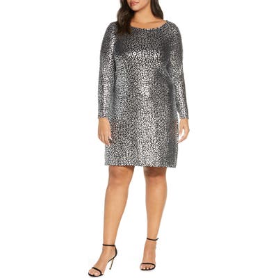 Plus Size Michael Michael Kors Catty Foiled Long Sleeve Cocktail Dress, Black