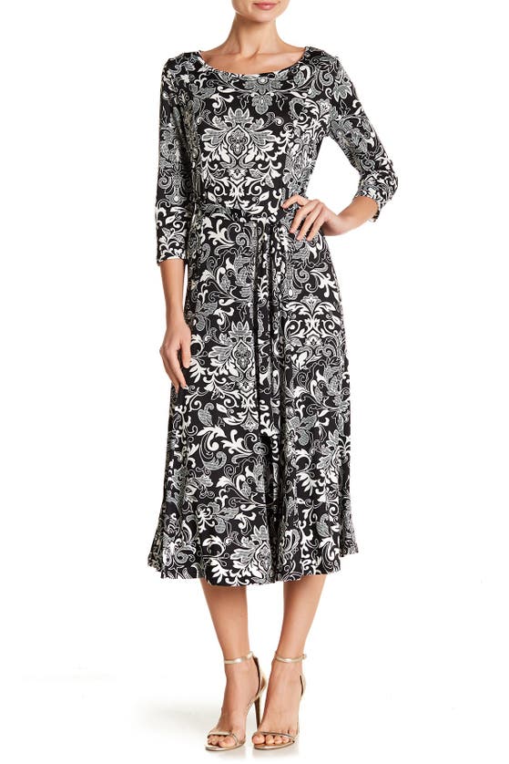 Shop Nina Leonard Crew Neck 3/4 Length Sleeve Midi Dress In Black Ivor