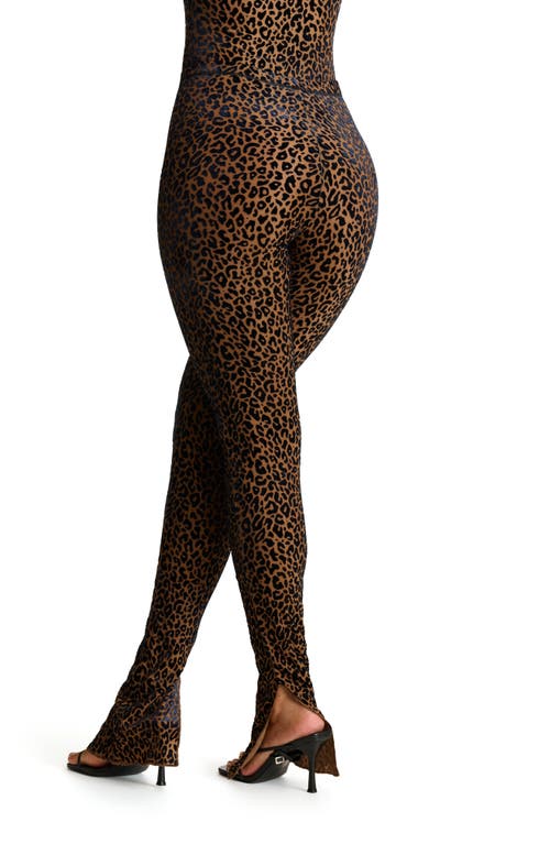 Naked Wardrobe Palm Frond Burnout Velvet Bootcut Slit Hem Pants In Leopard Nude