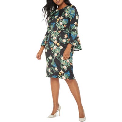 Plus Size Eloquii Floral Flare Sleeve Scuba Crepe Sheath Dress, Black