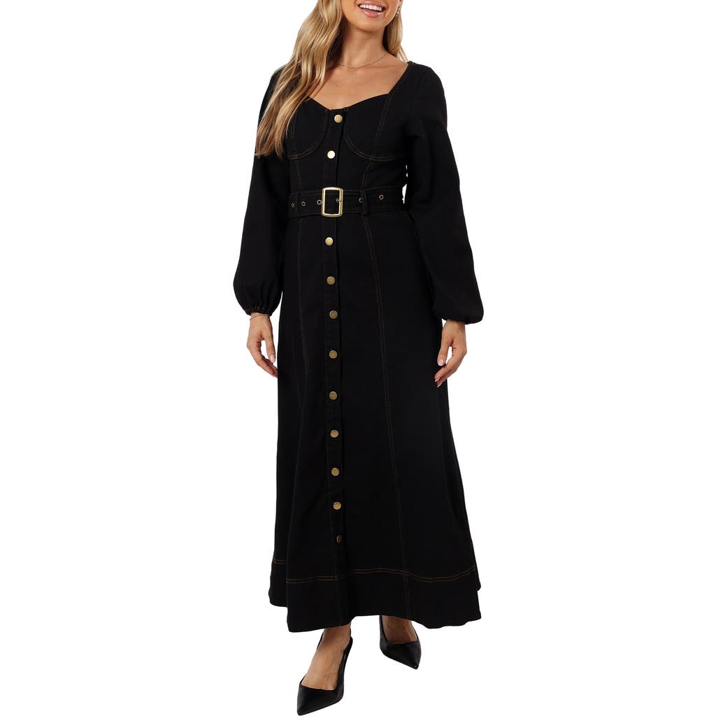 Petal And Pup Petal & Pup Mateo Long Sleeve Belted Denim Maxi Dress In Black