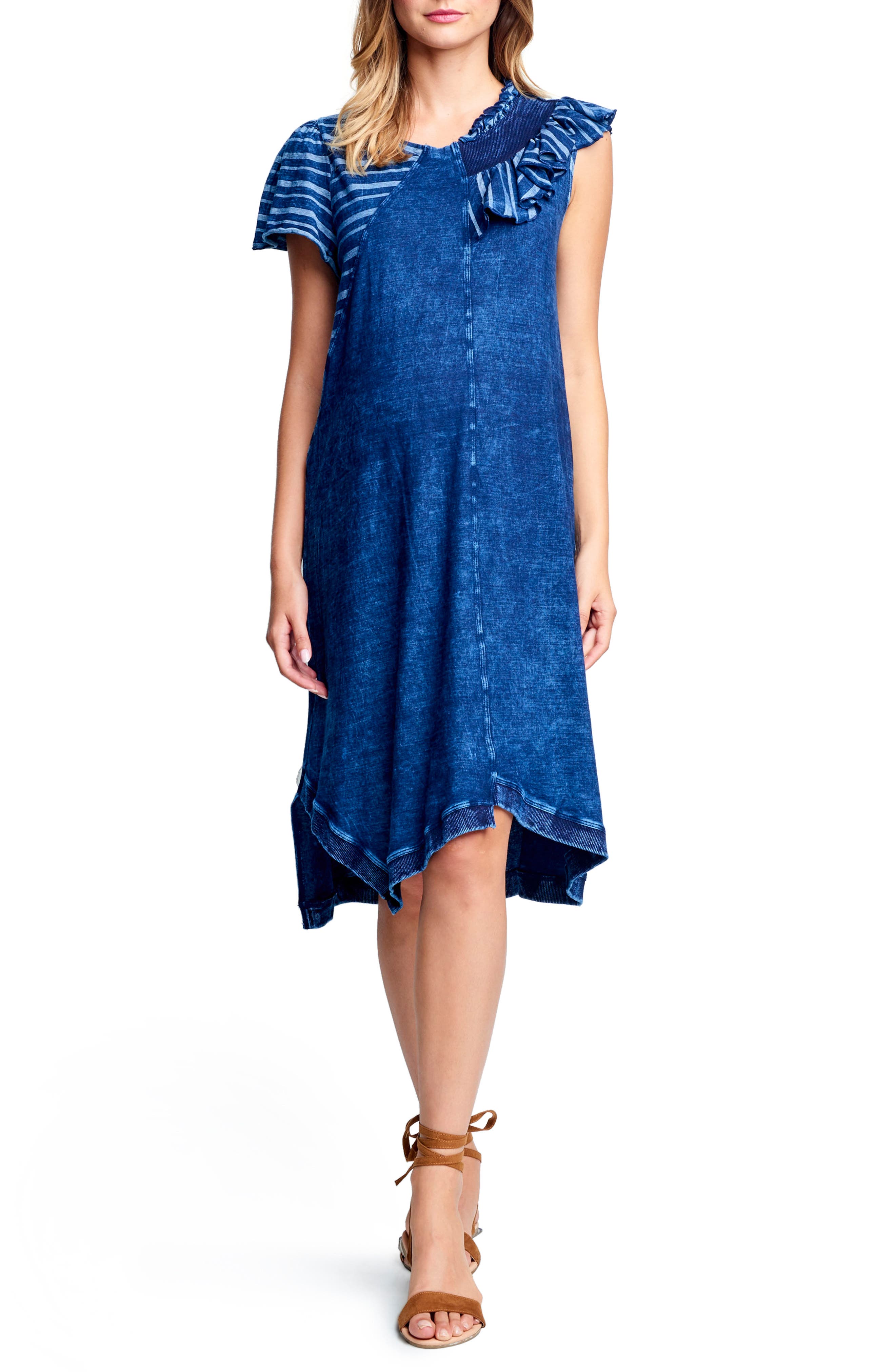 Maternal America Asymmetrical Ruffle Neck Maternity Dress, Blue