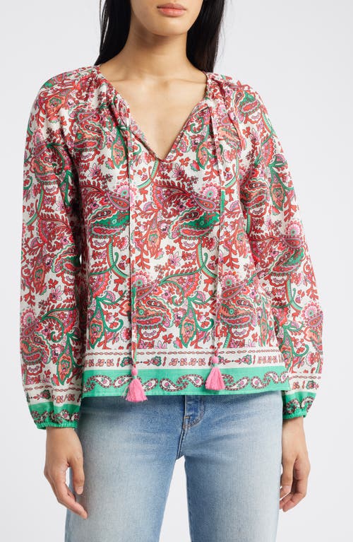 Shop Boden Serena Paisley Print Cotton Split Neck Top In Red Multi