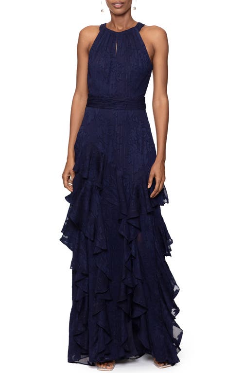 Xscape Evenings Ruffle Metallic Gown Navy at Nordstrom,
