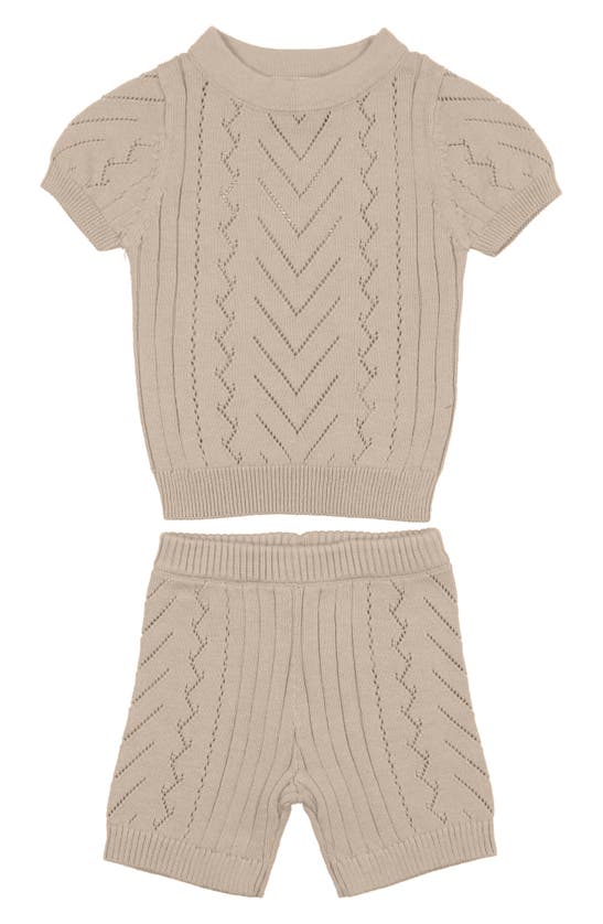 Shop Maniere Manière Short Sleeve Pointelle Sweater & Shorts Set In Sand