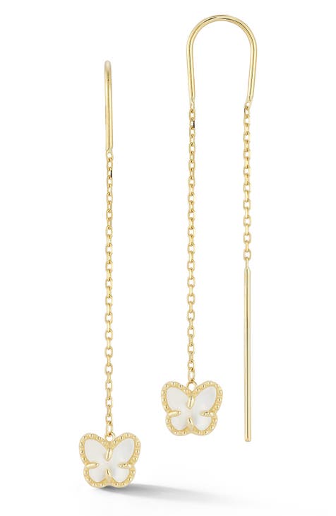 14K Gold Mother of Pearl Butterfly Drop Earrings