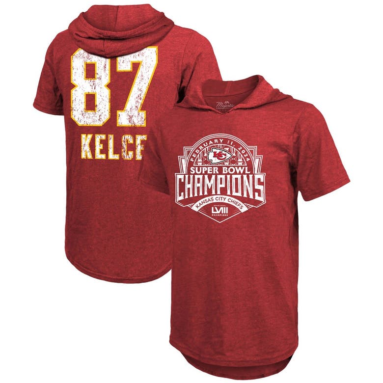 Shop Majestic Threads Travis Kelce Red Kansas City Chiefs Super Bowl Lviii Player Name & Number Tri-blend