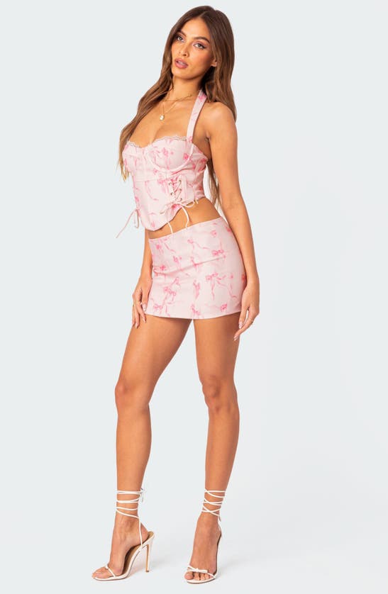 Shop Edikted Makayla Bow Print Low Rise Miniskirt In Light-pink