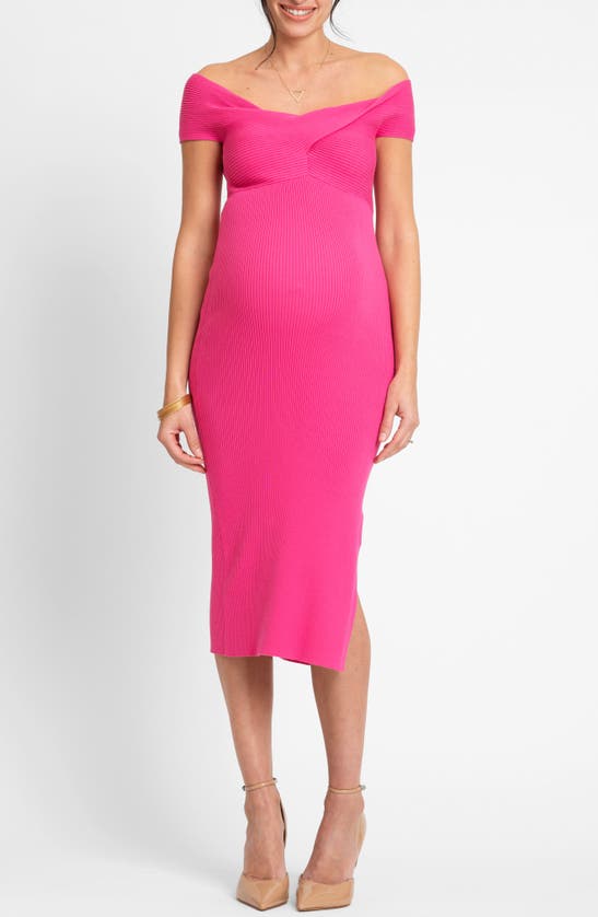 Seraphine Rib Knot Detail Off The Shoulder Midi Maternity Dress In Pink