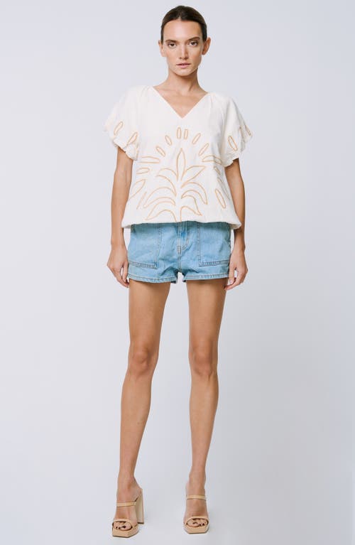 Shop Ciebon Celsey Embroidered Cotton Puff Sleeve Top In Cream Sand