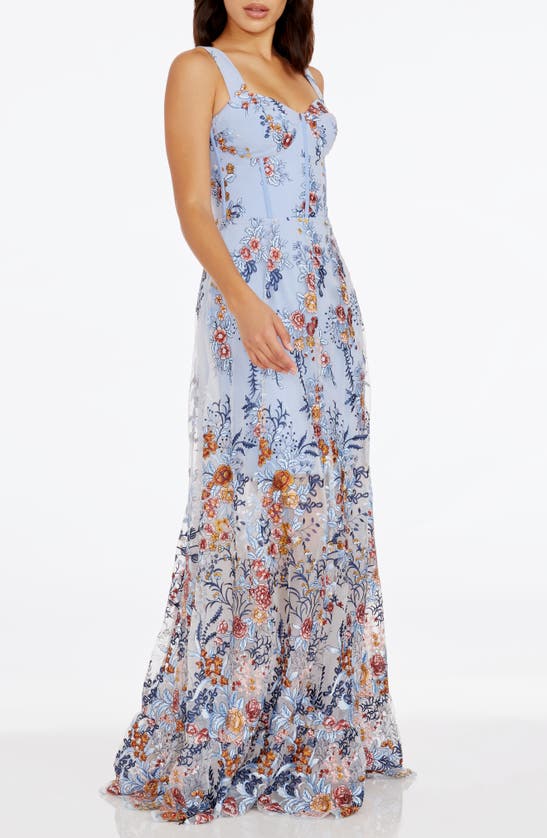 Shop Dress The Population Anabel Floral Embroidered Chiffon Gown In Sky Multi