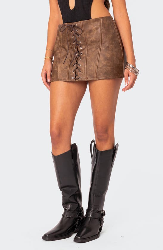 Shop Edikted Ainsley Lace-up Front Faux Leather Miniskirt In Brown-washed