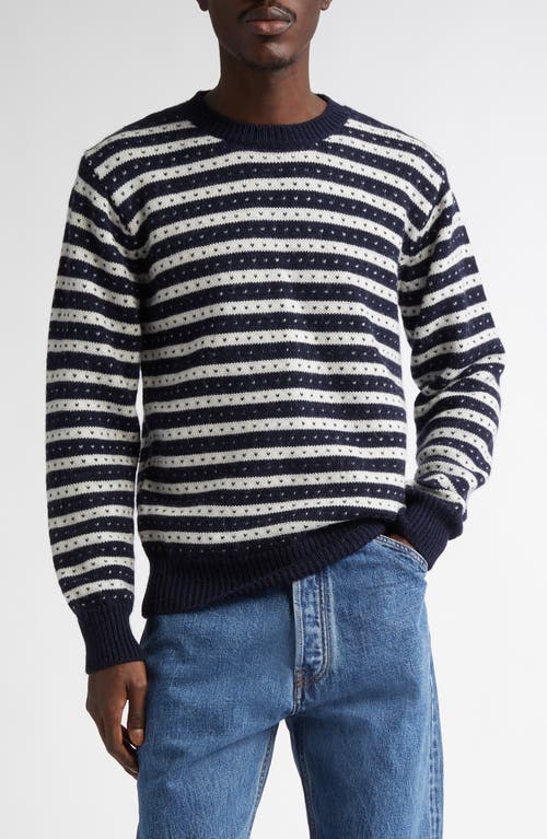 Drake's Norwegian Bird's Eye Cotton Crewneck Sweater in Navy/Ecru 