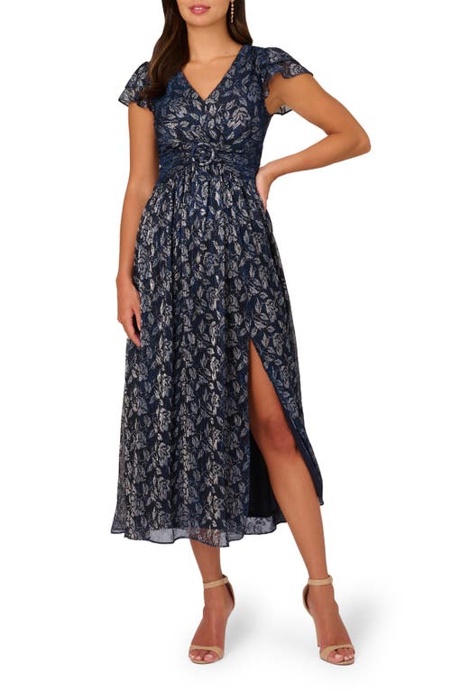 Adrianna Papell Metallic Crinkle Midi Cocktail Dress Navy/Silver at Nordstrom,