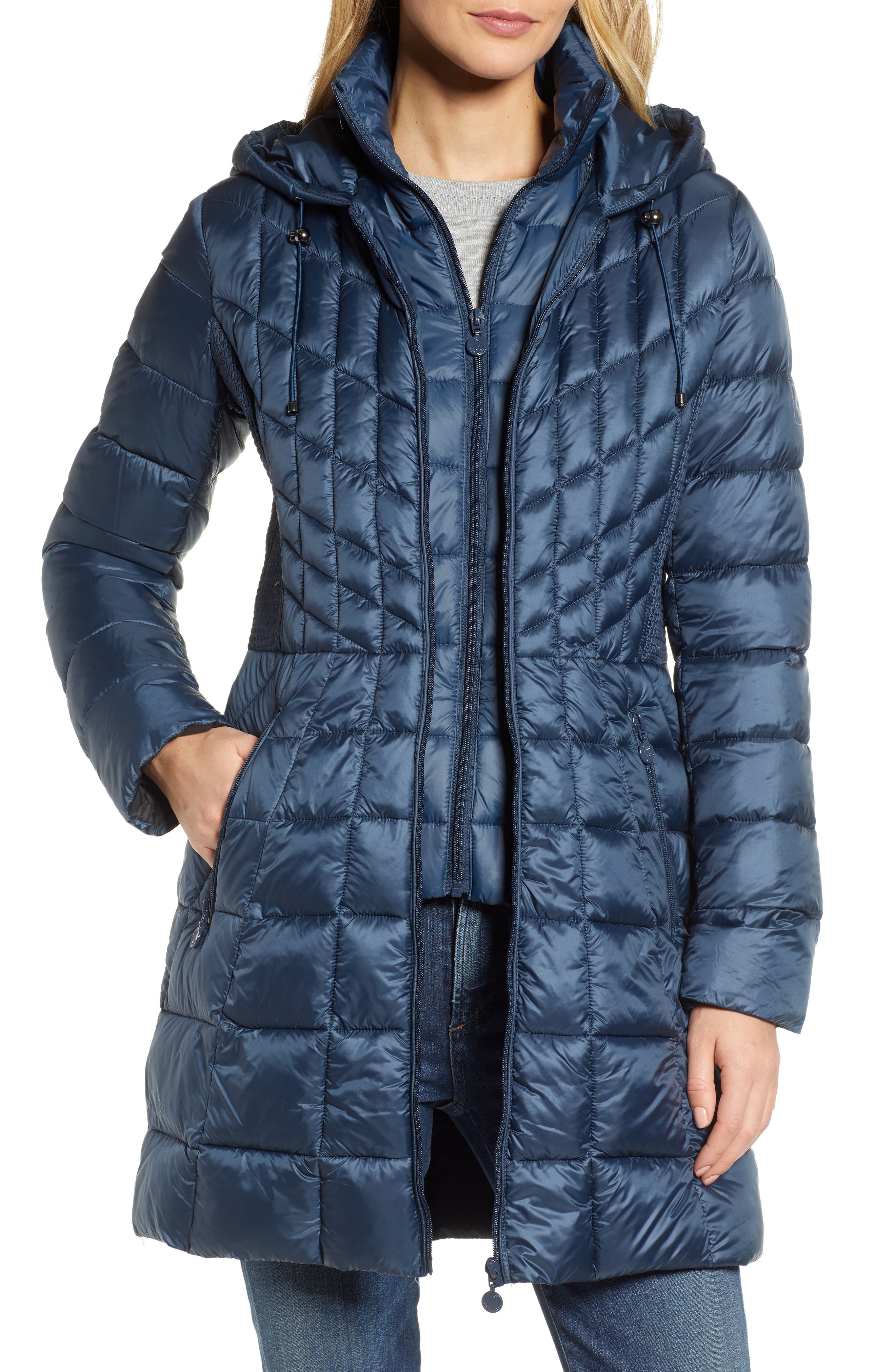 packable hooded down parka with vest inset