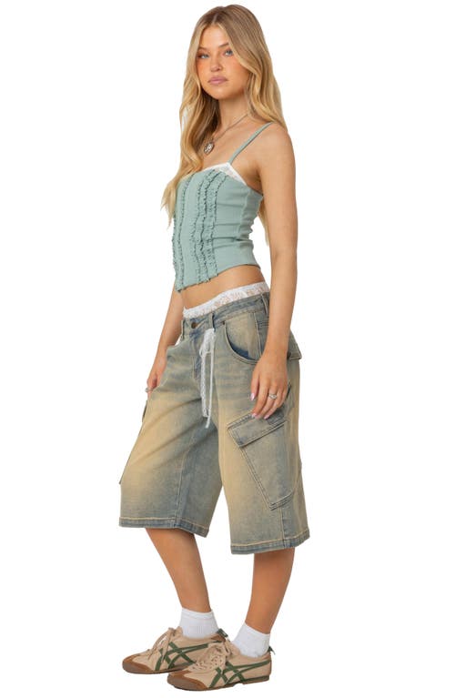 Edikted Ruffled Lace Trim Crop Camisole In Sage