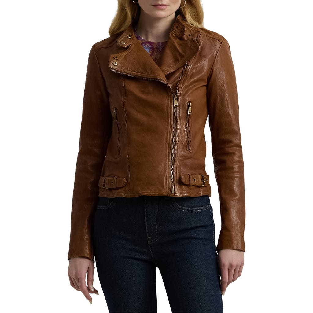 Shop Ralph Lauren Lauren Leather Moto Jacket In Dark Walnut