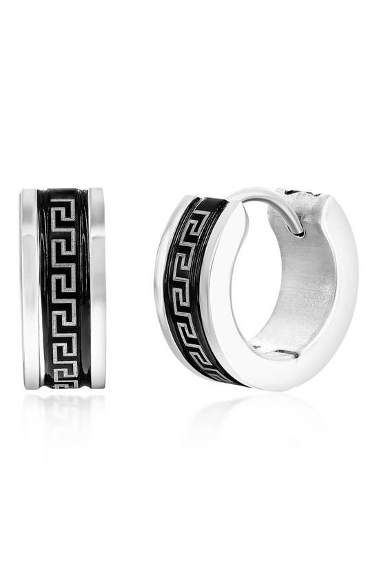 Blackjack Greek Key Hoop Earrings In Black/ Silver