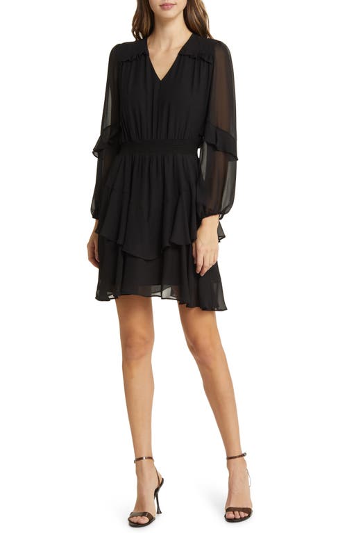Sam Edelman Tiered Long Sleeve Georgette Minidress in Black at Nordstrom, Size 0