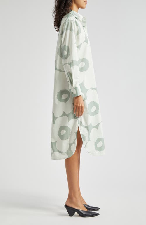 Shop Marimekko Runoelma Unikko Long Sleeve Poplin Shirtdress In Greyish Green/light Green