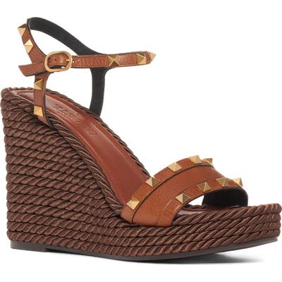 Valentino Garavani Rockstud Torchon Espadrille Wedge, Brown