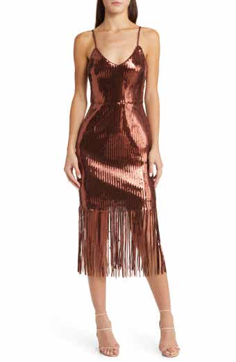 Lulus | Get in The Groove Champagne Sequin Fringe Bodycon Dress | Size Large | 100% Polyester
