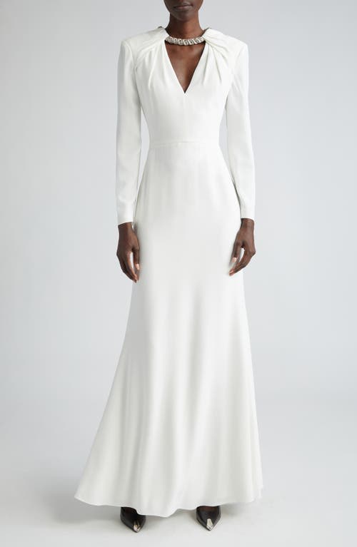 Alexander McQueen Crystal Embellished Long Sleeve Leaf Crepe Gown in Light Ivory at Nordstrom, Size 0 Us