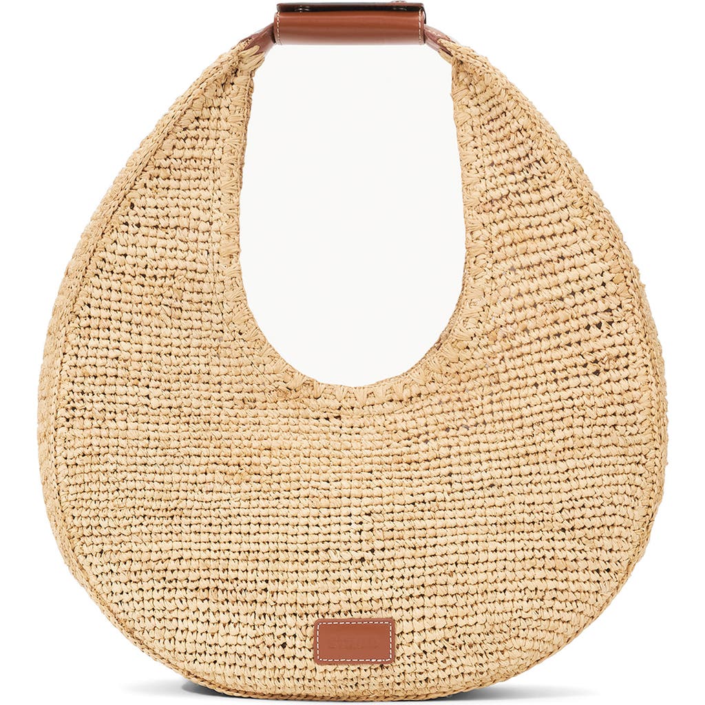 Staud Raffia Moon Shoulder Bag In Natural/tan