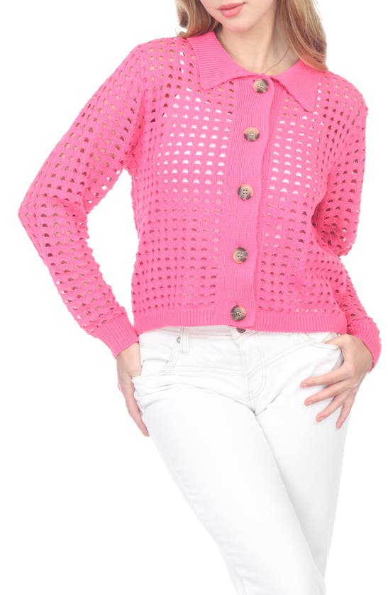 Rain Open Stitch Button Front Cardigan In Pink