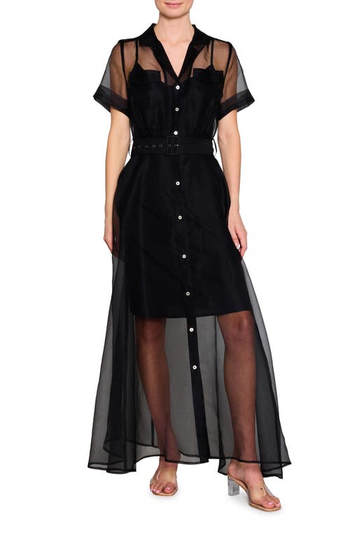 MELLODAY Belted Organza Button-Up Shirtdress in Black 