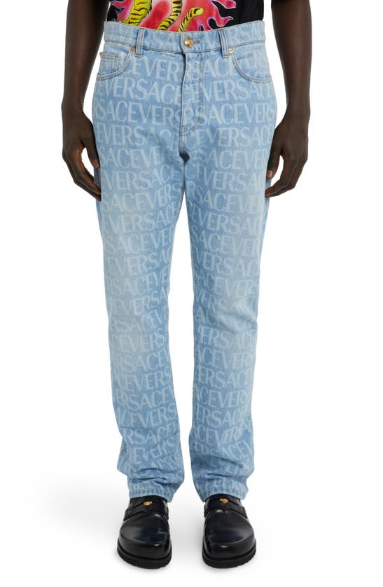 Versace Monogram Denim Jeans In Light Blue ModeSens