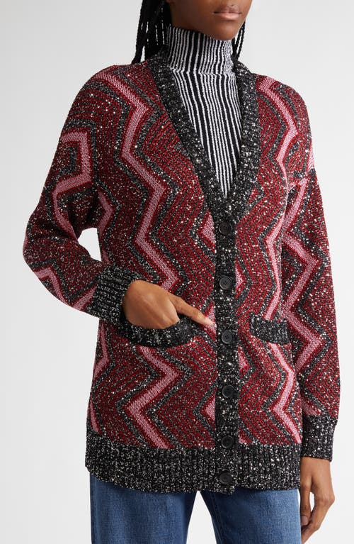 Shop Missoni Sequin Metallic Zigzag Stripe Cardigan In Red - Rose - Black