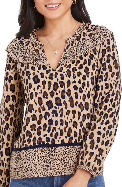 vineyard vines Borderline Ruffle Long Sleeve Blouse in Cheetah - Cappuccino at Nordstrom, Size X-Small