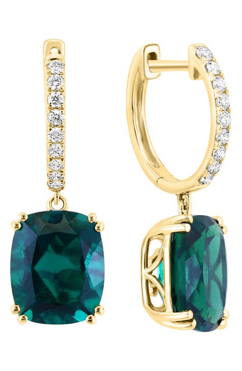 14K Yellow Gold Lab Created Diamond & Lab Created Emerald Drop Huggie Hoop Earrings - 0.26ct.
