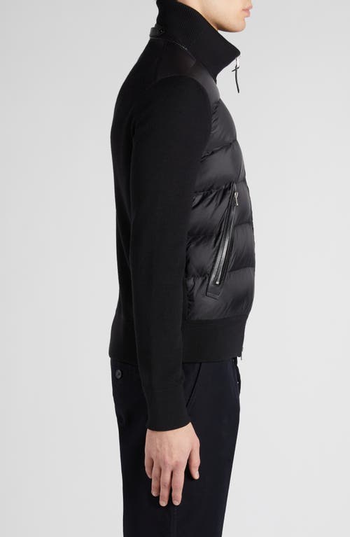 Tom Ford Mixed Media Puffer Front Merino Wool Cardigan In Lb999 Black