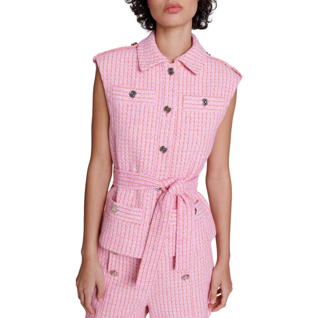 Maje Varadis Metallic Tweed Sleeveless Jacket In Pink / Orange