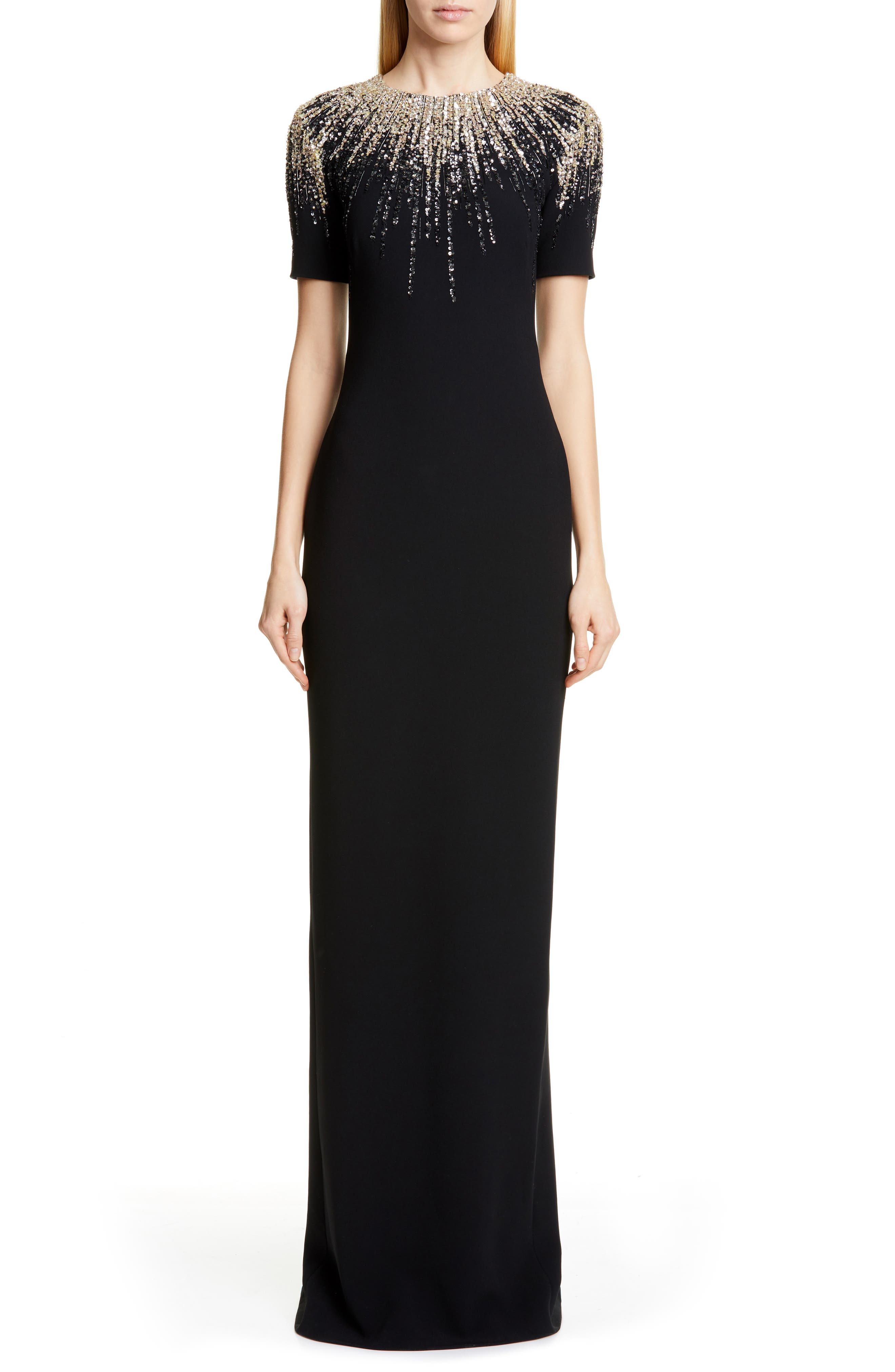 Pamella Roland Embroidered Neck Stretch Crepe Gown