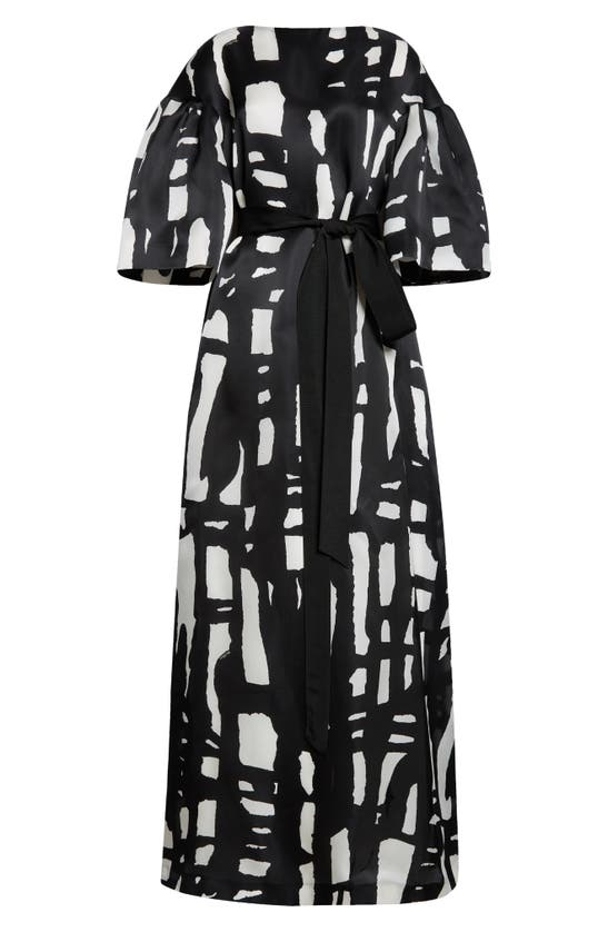 Shop Max Mara Rubiera Abstract Print Belted Silk Satin Gown In Black White