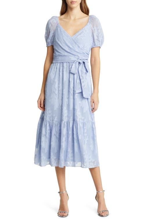 Julia Jordan Floral Tie Waist Puff Sleeve Chiffon Jacquard Dress in Sky Blue