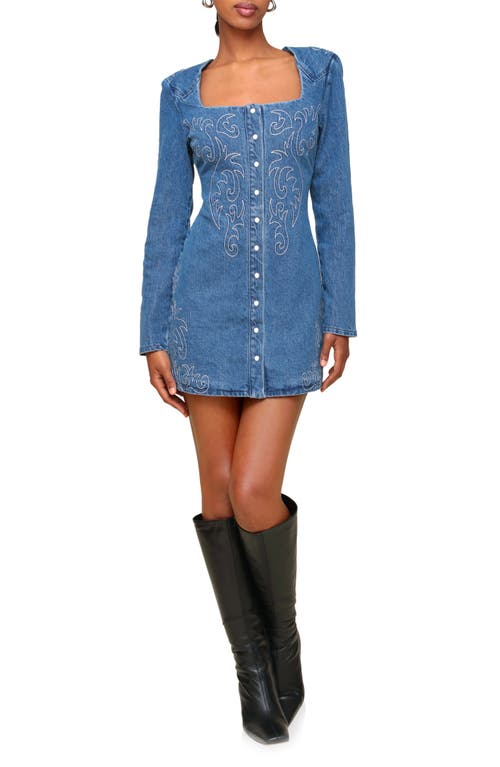 Shop Avec Les Filles Western Embroidered Long Sleeve Denim Minidress In Provence Wash
