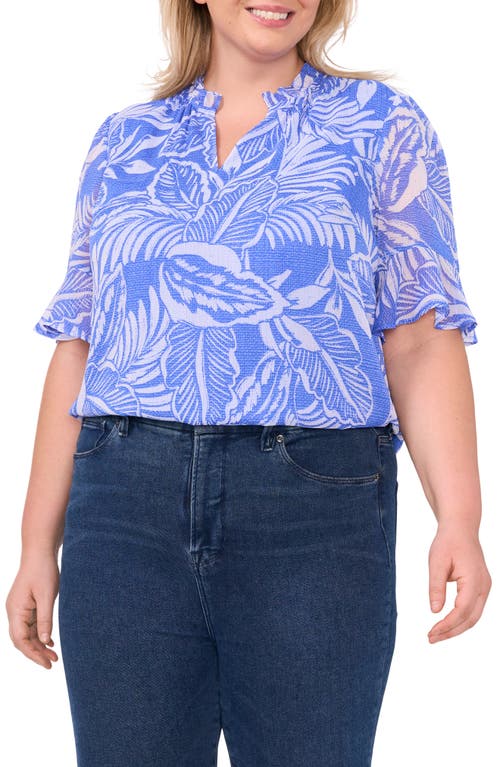 CeCe Tropical Print Ruffle Trim Top Tropic Night Blue at Nordstrom,