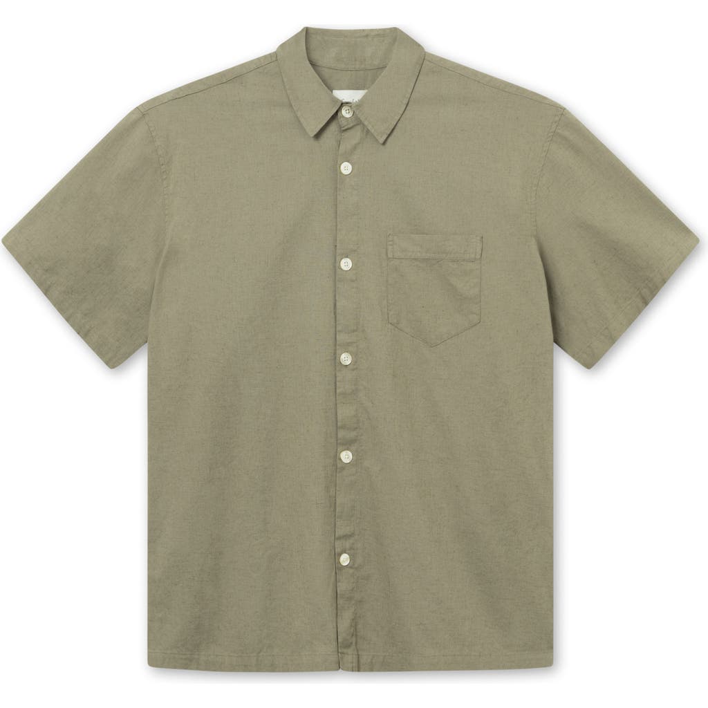 Forét Foret Serene Cotton & Linen Short Sleeve Button-up Shirt In Dusty Olive
