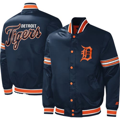 Men's Starter Navy Detroit Tigers Midfield Satin Full-Snap Varsity Jacket