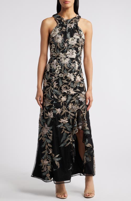 Shop Maggy London Floral Embroidered Mesh Gown In Black/mauve/gold