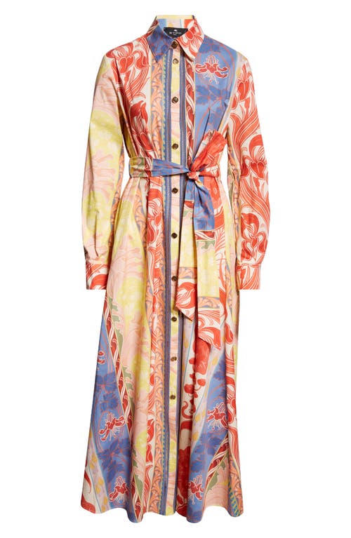 Shop Etro Long Sleeve Belted Maxi Shirtdress In X0802 - White Multi